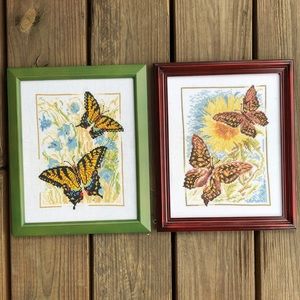 Needlepoint Butterfly Pictures Wall Art Handmade Summer Floral Pair Set